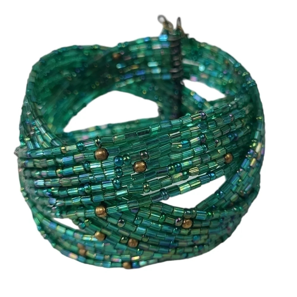 Green Czech Clear Bugle Glass Beads Wire Wrapped Bracelet